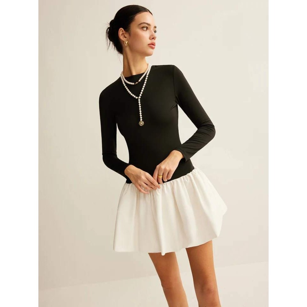 Commense‎ Black Long Sleeve Mini Dress White Skirt Party Cocktail Dress Size S - Picture 12 of 13